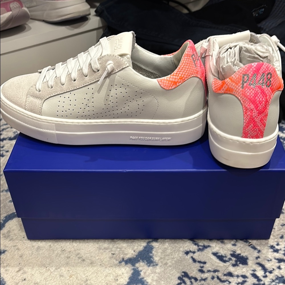 P448 Women's White and Neon Pink Sneakers BRAND NEW